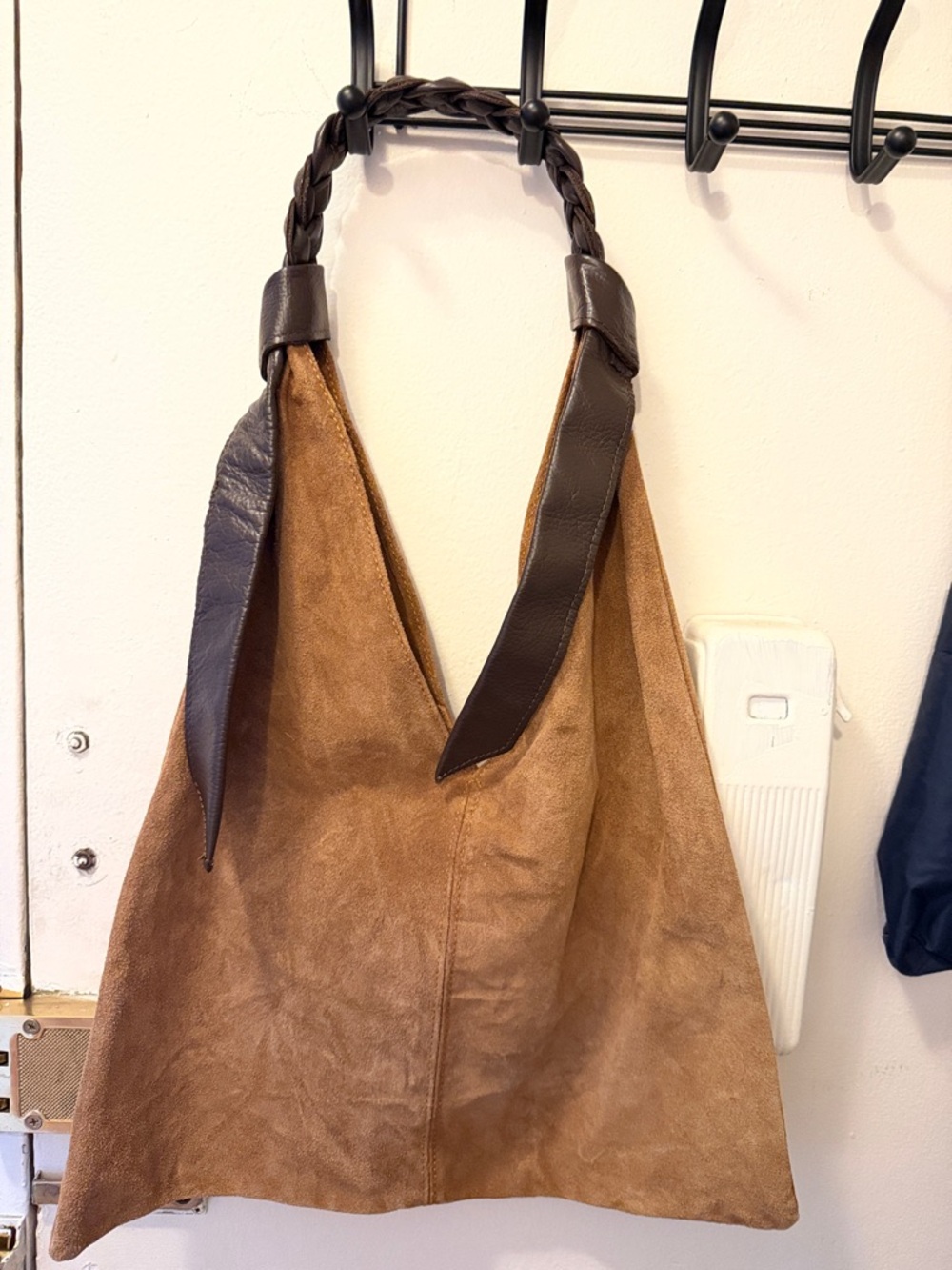 Suede Hobo Shoulder Bag with Braided Handle - Brown